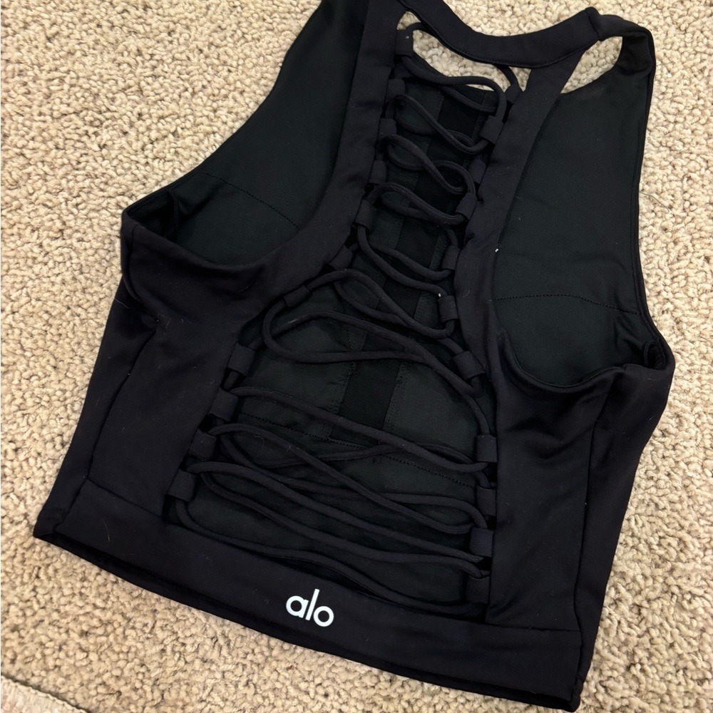 ALO tank top, size xs, black, cute criss-cross design in back of tank